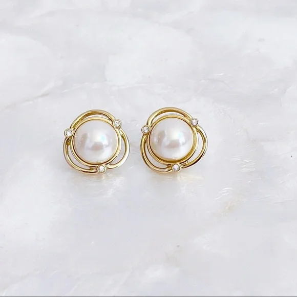 Vintage Gold Tone CZ Faux Pearl Statement Earrings